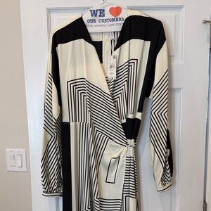 Mango Black and Cream Geometric Stripe Wrap Dress